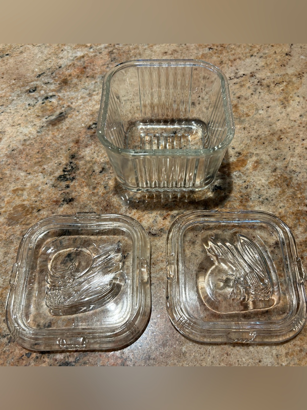 Vintage Ribbed Federal Glass Refrigerator Box w/ (2) Embossed Lids. 4.25”x2.75”